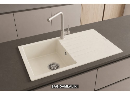 Sağ Damlalıklı 86x50 cm Krem Granit Mutfak Evyesi RealStone Troya 86 P004 Sağ Damlalıklı 86x50 cm Krem Granit Mutfak Evyesi RealStone Troya 86 P004