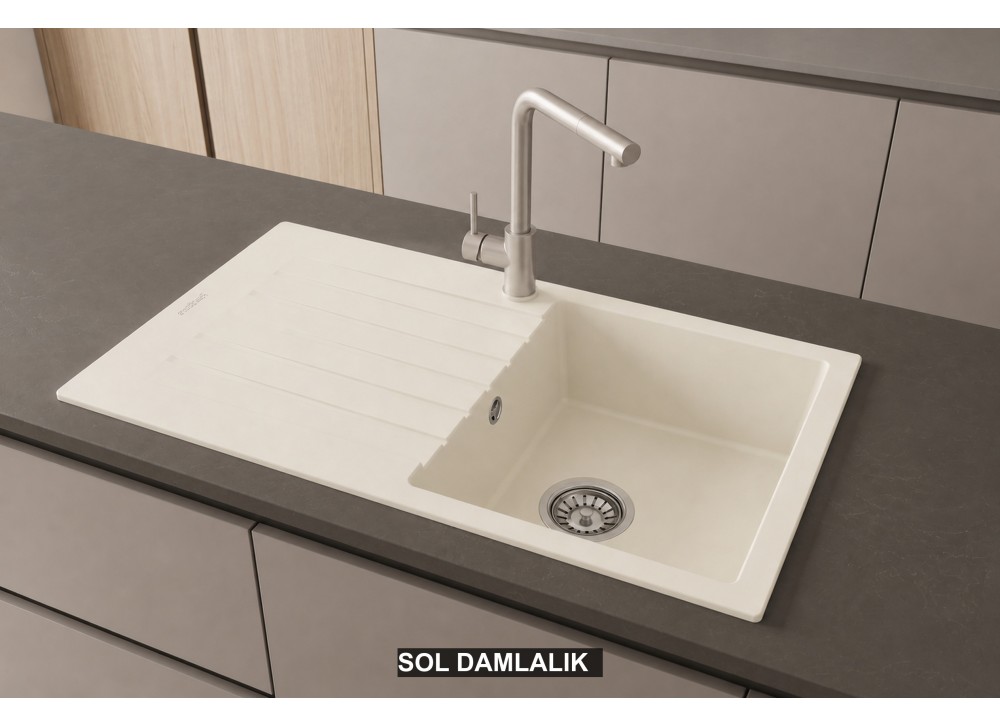Sol Damlalıklı 86x50 cm Krem Granit Mutfak Evyesi RealStone Troya 86 P004 Sol Damlalıklı 86x50 cm Krem Granit Mutfak Evyesi RealStone Troya 86 P004