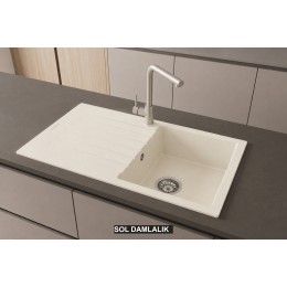 Sol Damlalıklı 86x50 cm Krem Granit Mutfak Evyesi RealStone Troya 86 P004