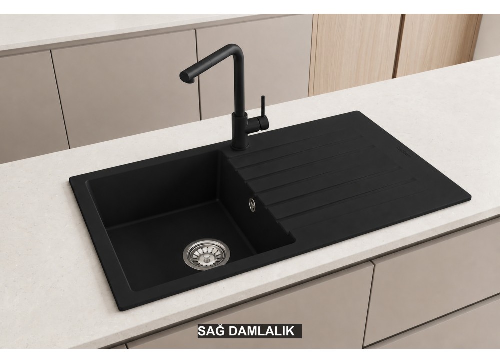Sağ Damlalıklı 86x50 cm Siyah Granit Mutfak Evyesi RealStone Troya 86 P004 Sağ Damlalıklı 86x50 cm Siyah Granit Mutfak Evyesi RealStone Troya 86 P004