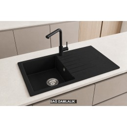 Sağ Damlalıklı 86x50 cm Siyah Granit Mutfak Evyesi RealStone Troya 86 P004