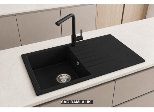 Sağ Damlalıklı 86x50 cm Siyah Granit Mutfak Evyesi RealStone Troya 86 P004 Sağ Damlalıklı 86x50 cm Siyah Granit Mutfak Evyesi RealStone Troya 86 P004