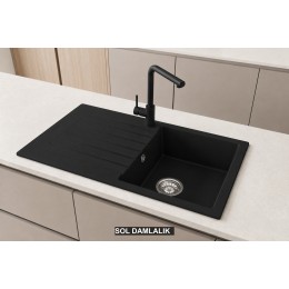 Sol Damlalıklı 86x50 cm Siyah Granit Mutfak Evyesi RealStone Troya 86 P004