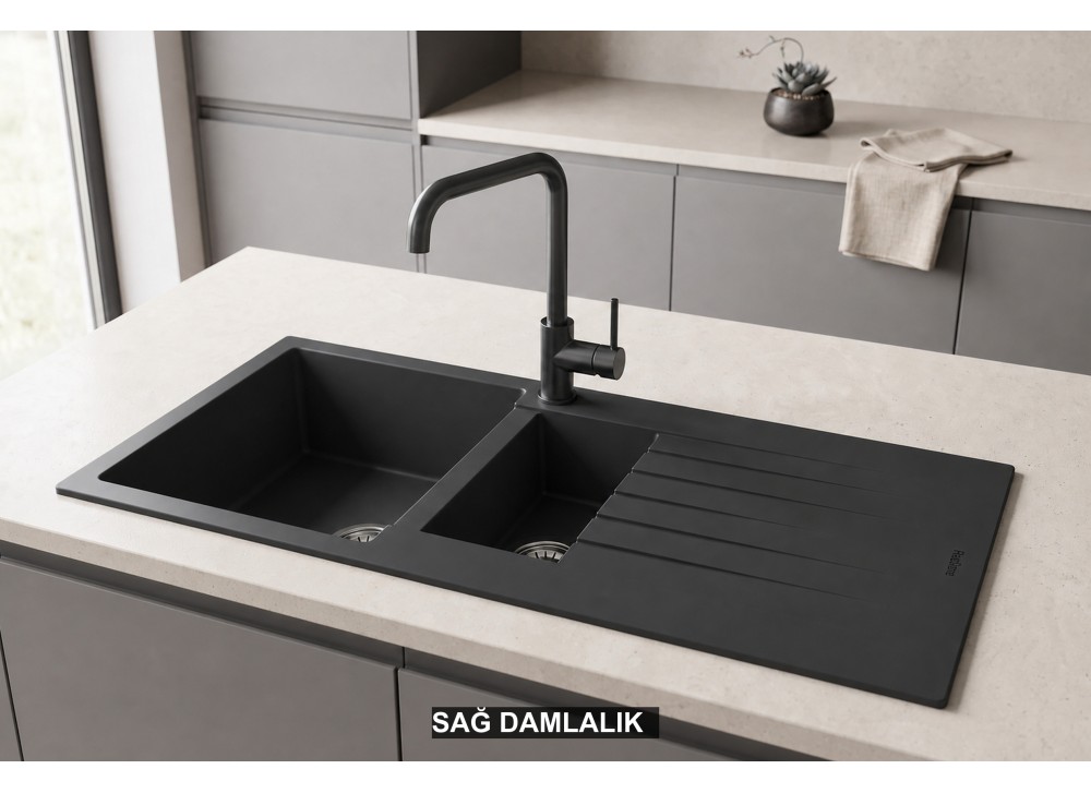 Sağ Damlalıklı 100x50 cm Antrasit Granit Mutfak Evyesi RealStone Troya 100 P005 Sağ Damlalıklı 100x50 cm Antrasit Granit Mutfak Evyesi RealStone Troya 100 P005