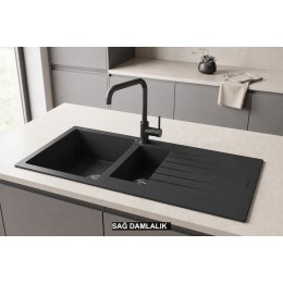 Sağ Damlalıklı 100x50 cm Antrasit Granit Mutfak Evyesi RealStone Troya 100 P005