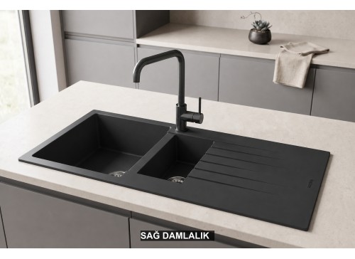 Sağ Damlalıklı 100x50 cm Antrasit Granit Mutfak Evyesi RealStone Troya 100 P005 Sağ Damlalıklı 100x50 cm Antrasit Granit Mutfak Evyesi RealStone Troya 100 P005