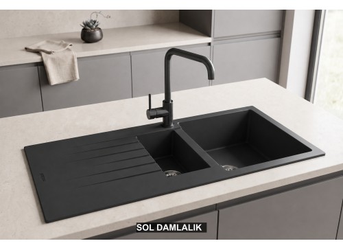 Sol Damlalıklı 100x50 cm Antrasit Granit Mutfak Evyesi RealStone Troya 100 P005 Sol Damlalıklı 100x50 cm Antrasit Granit Mutfak Evyesi RealStone Troya 100 P005