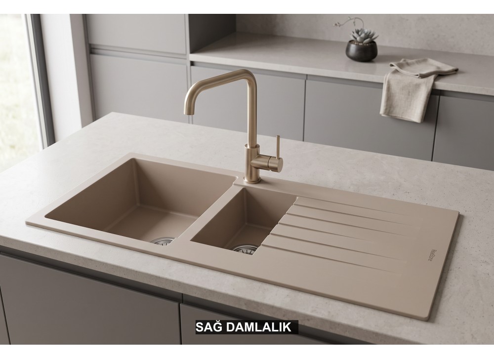 Sağ Damlalıklı 100x50 cm Cappuccino Granit Mutfak Evyesi RealStone Troya 100 P005 Sağ Damlalıklı 100x50 cm Cappuccino Granit Mutfak Evyesi RealStone Troya 100 P005