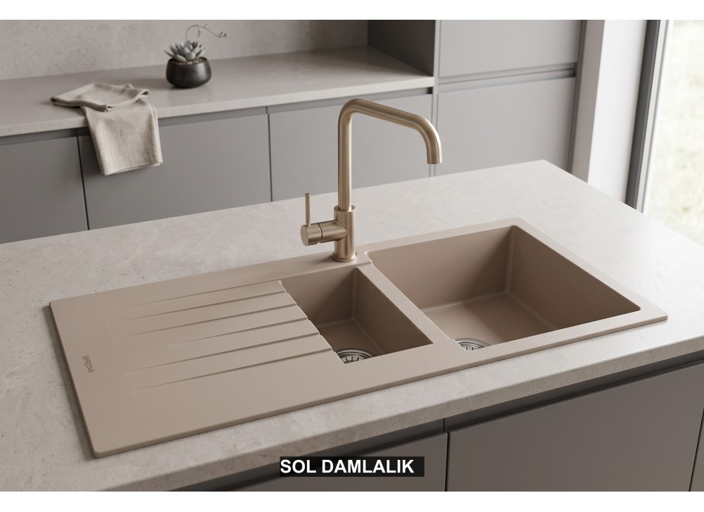 Sol Damlalıklı 100x50 cm Cappuccino Granit Mutfak Evyesi RealStone Troya 100 P005 Sol Damlalıklı 100x50 cm Cappuccino Granit Mutfak Evyesi RealStone Troya 100 P005