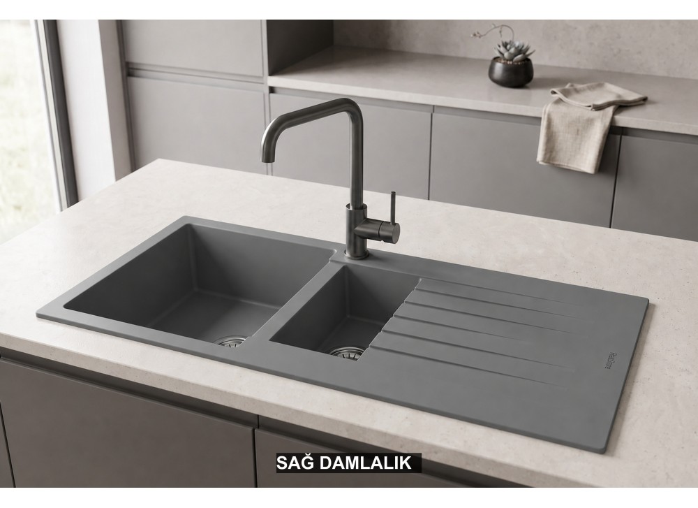 Sağ Damlalıklı 100x50 cm Gri Granit Mutfak Evyesi RealStone Troya 100 P005 Sağ Damlalıklı 100x50 cm Gri Granit Mutfak Evyesi RealStone Troya 100 P005