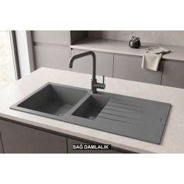 Sağ Damlalıklı 100x50 cm Gri Granit Mutfak Evyesi RealStone Troya 100 P005