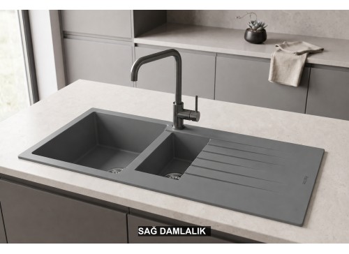 Sağ Damlalıklı 100x50 cm Gri Granit Mutfak Evyesi RealStone Troya 100 P005 Sağ Damlalıklı 100x50 cm Gri Granit Mutfak Evyesi RealStone Troya 100 P005