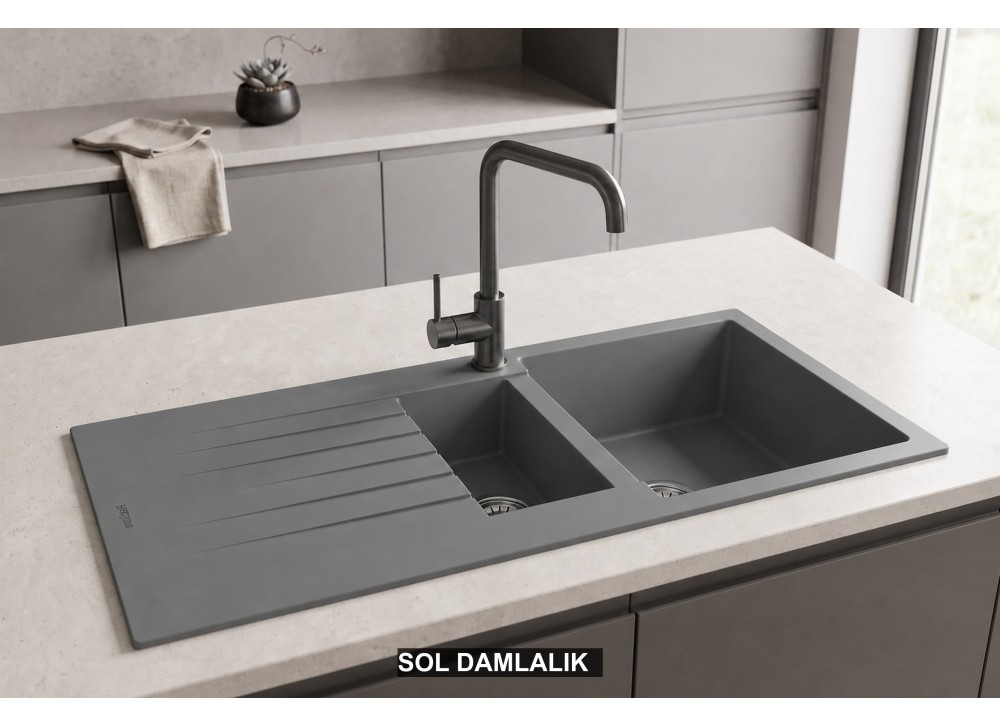 Sol Damlalıklı 100x50 cm Gri Granit Mutfak Evyesi RealStone Troya 100 P005 Sol Damlalıklı 100x50 cm Gri Granit Mutfak Evyesi RealStone Troya 100 P005