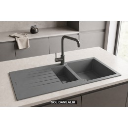 Sol Damlalıklı 100x50 cm Gri Granit Mutfak Evyesi RealStone Troya 100 P005
