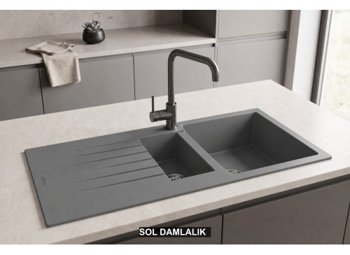 Sol Damlalıklı 100x50 cm Gri Granit Mutfak Evyesi RealStone Troya 100 P005 Sol Damlalıklı 100x50 cm Gri Granit Mutfak Evyesi RealStone Troya 100 P005