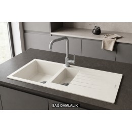 Sağ Damlalıklı 100x50 cm Beyaz Granit Mutfak Evyesi RealStone Troya 100 P005