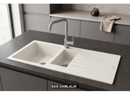 Sağ Damlalıklı 100x50 cm Beyaz Granit Mutfak Evyesi RealStone Troya 100 P005 Sağ Damlalıklı 100x50 cm Beyaz Granit Mutfak Evyesi RealStone Troya 100 P005