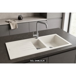 Sol Damlalıklı 100x50 cm Beyaz Granit Mutfak Evyesi RealStone Troya 100 P005
