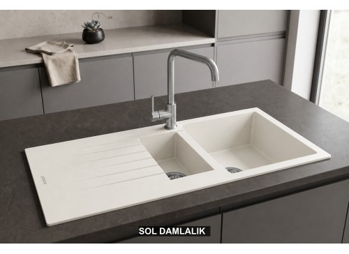 Sol Damlalıklı 100x50 cm Beyaz Granit Mutfak Evyesi RealStone Troya 100 P005 Sol Damlalıklı 100x50 cm Beyaz Granit Mutfak Evyesi RealStone Troya 100 P005