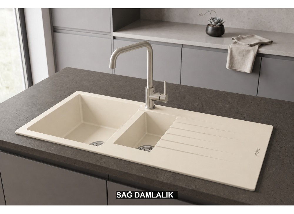 Sağ Damlalıklı 100x50 cm Krem Granit Mutfak Evyesi RealStone Troya 100 P005 Sağ Damlalıklı 100x50 cm Krem Granit Mutfak Evyesi RealStone Troya 100 P005