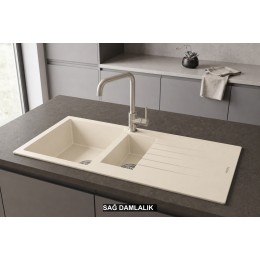 Sağ Damlalıklı 100x50 cm Krem Granit Mutfak Evyesi RealStone Troya 100 P005
