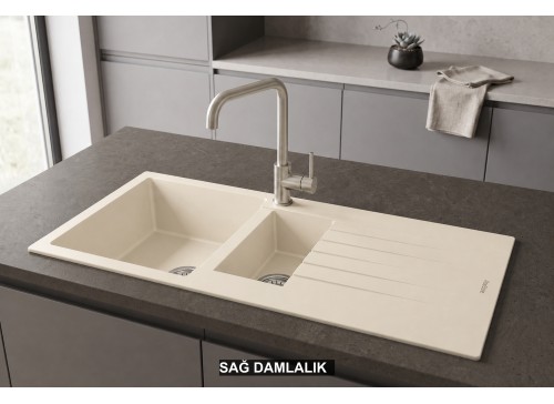 Sağ Damlalıklı 100x50 cm Krem Granit Mutfak Evyesi RealStone Troya 100 P005 Sağ Damlalıklı 100x50 cm Krem Granit Mutfak Evyesi RealStone Troya 100 P005