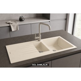 Sol Damlalıklı 100x50 cm Krem Granit Mutfak Evyesi RealStone Troya 100 P005