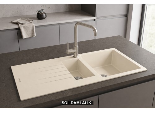 Sol Damlalıklı 100x50 cm Krem Granit Mutfak Evyesi RealStone Troya 100 P005 Sol Damlalıklı 100x50 cm Krem Granit Mutfak Evyesi RealStone Troya 100 P005