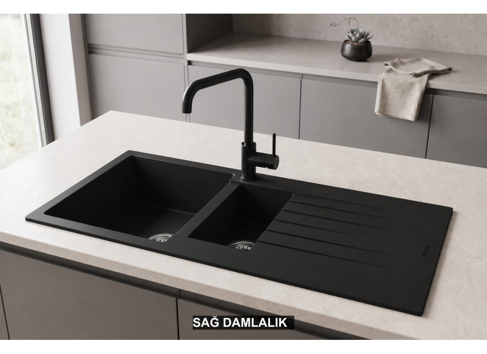 Sağ Damlalıklı 100x50 cm Siyah Granit Mutfak Evyesi RealStone Troya 100 P005 Sağ Damlalıklı 100x50 cm Siyah Granit Mutfak Evyesi RealStone Troya 100 P005