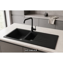 Sağ Damlalıklı 100x50 cm Siyah Granit Mutfak Evyesi RealStone Troya 100 P005
