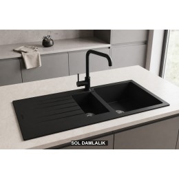 Sol Damlalıklı 100x50 cm Siyah Granit Mutfak Evyesi RealStone Troya 100 P005