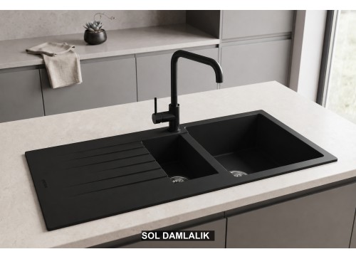 Sol Damlalıklı 100x50 cm Siyah Granit Mutfak Evyesi RealStone Troya 100 P005 Sol Damlalıklı 100x50 cm Siyah Granit Mutfak Evyesi RealStone Troya 100 P005