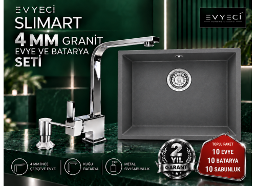 Evyeci Slimart 40x40 4 mm İnce Çerçeveli Granit Evye 10'lu Toplu Paket - 10 Batarya + 10 Metal Sıvı Sabunluk - Antrasit
