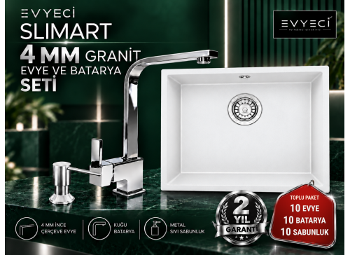Evyeci Slimart 40x40 4 mm İnce Çerçeveli Granit Evye 10'lu Toplu Paket - 10 Batarya + 10 Metal Sıvı Sabunluk - Beyaz