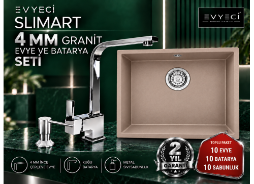 Evyeci Slimart 40x40 4 mm İnce Çerçeveli Granit Evye 10'lu Toplu Paket - 10 Batarya + 10 Metal Sıvı Sabunluk - Cappuccino