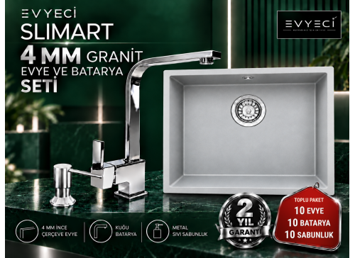 Evyeci Slimart 40x40 4 mm İnce Çerçeveli Granit Evye 10'lu Toplu Paket - 10 Batarya + 10 Metal Sıvı Sabunluk - Gri