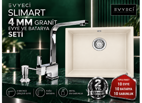 Evyeci Slimart 40x40 4 mm İnce Çerçeveli Granit Evye 10'lu Toplu Paket - 10 Batarya + 10 Metal Sıvı Sabunluk - Krem