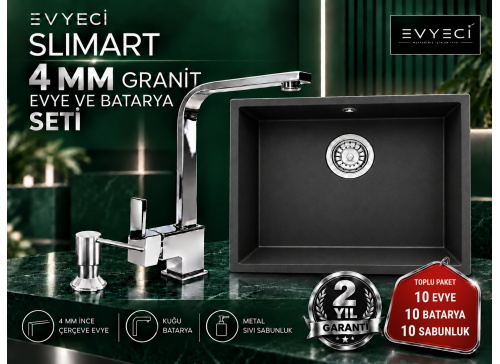Evyeci Slimart 40x40 4 mm İnce Çerçeveli Granit Evye 10'lu Toplu Paket - 10 Batarya + 10 Metal Sıvı Sabunluk - Siyah