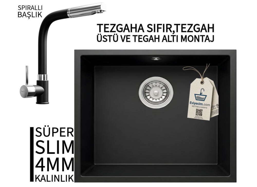 RealStone Steep 50 Siyah Granit Evye & Sümela Siyah Uyumlu Batarya Seti