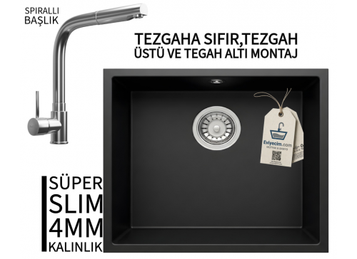 RealStone Steep 50 Siyah Granit Evye & Sümela Krom Batarya Seti