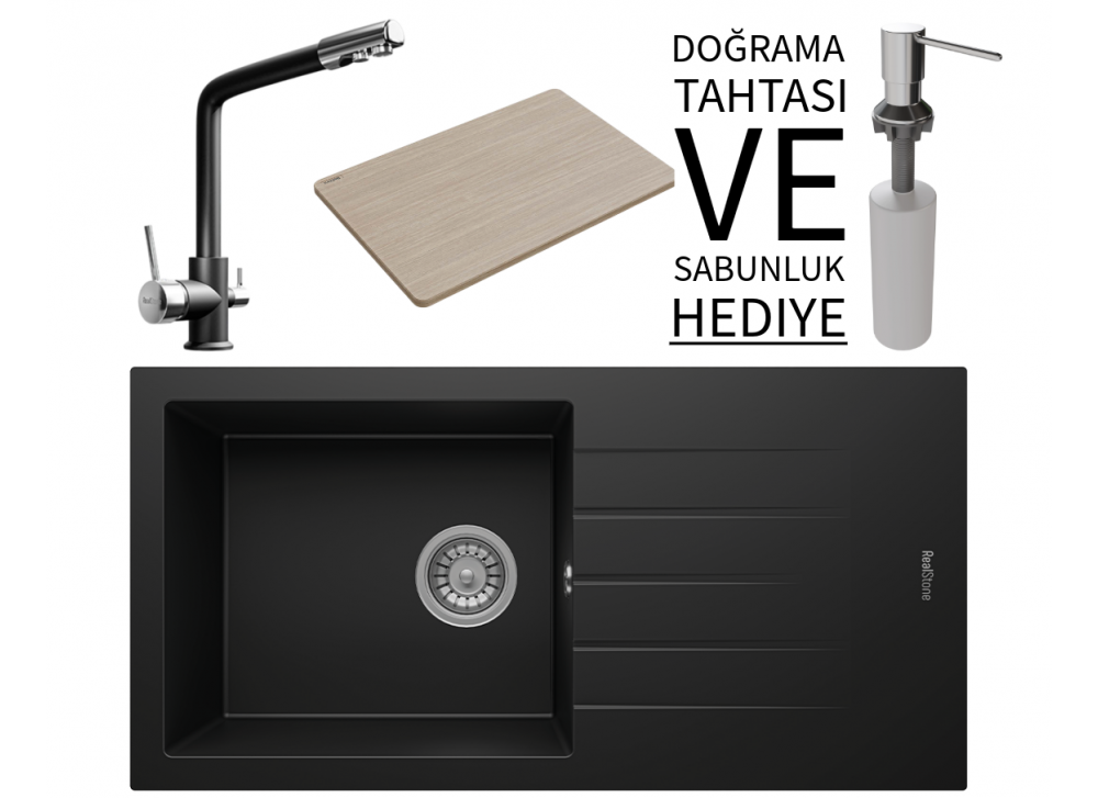 Realstone P011 Assos 86 XL Granit Eviye & Abant Arıtmalı Batarya Seti (+ Sabunluk ve Bambu Tahta Hediyeli) - Siyah Realstone P011 Assos 86 XL Granit Eviye & Abant Arıtmalı Batarya Seti (+ Sabunluk ve Bambu Tahta Hediyeli) - Siyah