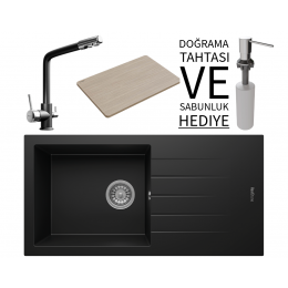 Realstone P011 Assos 86 XL Granit Eviye &amp; Abant Arıtmalı Batarya Seti (+ Sabunluk ve Bambu Tahta Hediyeli) - Siyah