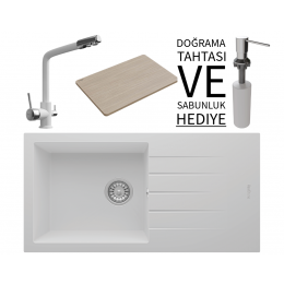 Realstone P011 Assos 86 XL Granit Eviye &amp; Abant Arıtmalı Batarya Seti (+ Sabunluk ve Bambu Tahta Hediyeli) - Beyaz