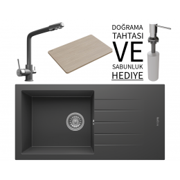 Realstone P011 Assos 86 XL Granit Eviye &amp; Abant Arıtmalı Batarya Seti (+ Sabunluk ve Bambu Tahta Hediyeli) - Antrasit
