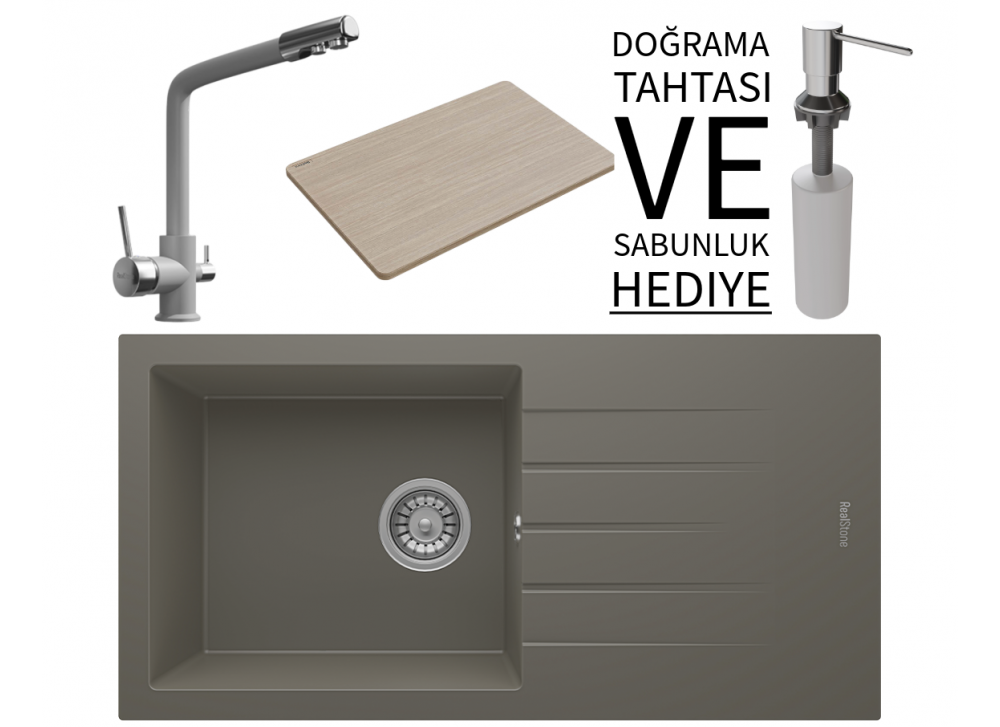 Realstone P011 Assos 86 XL Granit Eviye & Abant Arıtmalı Batarya Seti (+ Sabunluk ve Bambu Tahta Hediyeli) - Gri Realstone P011 Assos 86 XL Granit Eviye & Abant Arıtmalı Batarya Seti (+ Sabunluk ve Bambu Tahta Hediyeli) - Gri