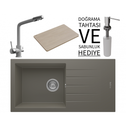 Realstone P011 Assos 86 XL Granit Eviye &amp; Abant Arıtmalı Batarya Seti (+ Sabunluk ve Bambu Tahta Hediyeli) - Gri