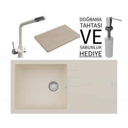 Realstone P011 Assos 86 XL Granit Eviye &amp; Abant Arıtmalı Batarya Seti (+ Sabunluk ve Bambu Tahta Hediyeli) - Krem