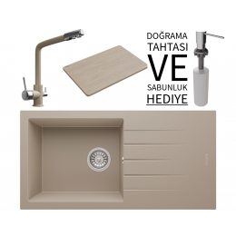 Realstone P011 Assos 86 XL Granit Eviye &amp; Abant Arıtmalı Batarya Seti (+ Sabunluk ve Bambu Tahta Hediyeli) - Cappuccino