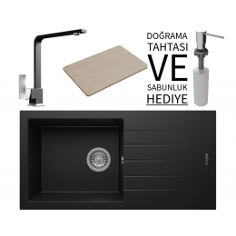 Realstone P011 Assos 86 XL Granit Eviye &amp; Göksu Mutfak Bataryası Seti (+ Sabunluk ve Bambu Tahta Hediyeli) - Siyah