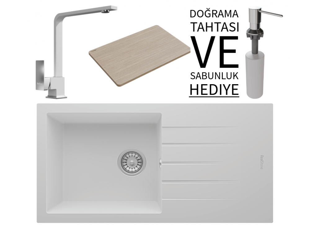 Realstone P011 Assos 86 XL Granit Eviye & Göksu Mutfak Bataryası Seti (+ Sabunluk ve Bambu Tahta Hediyeli) - Beyaz Realstone P011 Assos 86 XL Granit Eviye & Göksu Mutfak Bataryası Seti (+ Sabunluk ve Bambu Tahta Hediyeli) - Beyaz